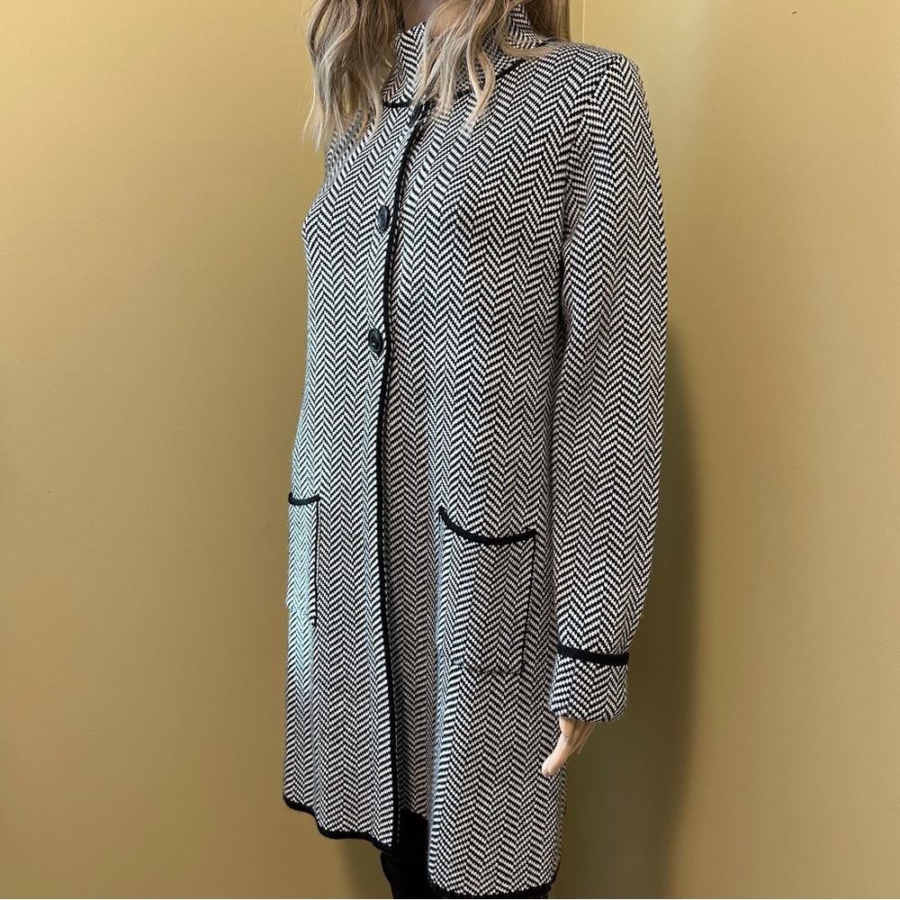 Cocogio Italy Black and White Herringbone Sweater Coat Merino Wool Blend Pockets